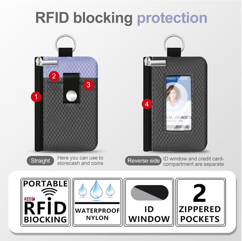 CCUMI Minimalist RFID Blocking Small Wallet with ID Window,WaterResistant Zip Id Case Wallet with Lanyard Keychain for Cards,Cash,Travel,Women,Men (DarkGrey/Lavender Purple) - Image 3